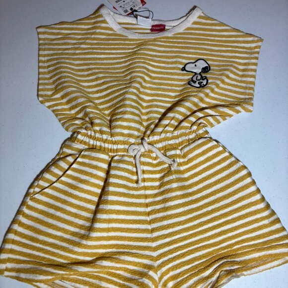 Zara Other - NWT Zara Peanuts Snoopy One Piece Romper Yellow White Stripes